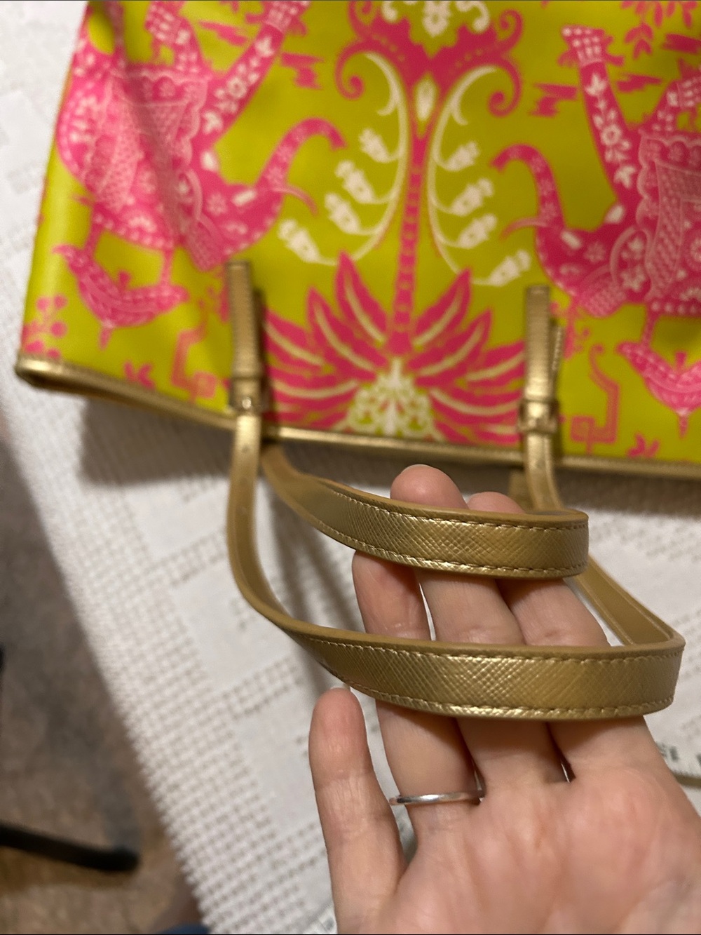 Spartina Tropical Elephant Tote Bag in Pink and Lime with wristlet - Picture 8 of 13